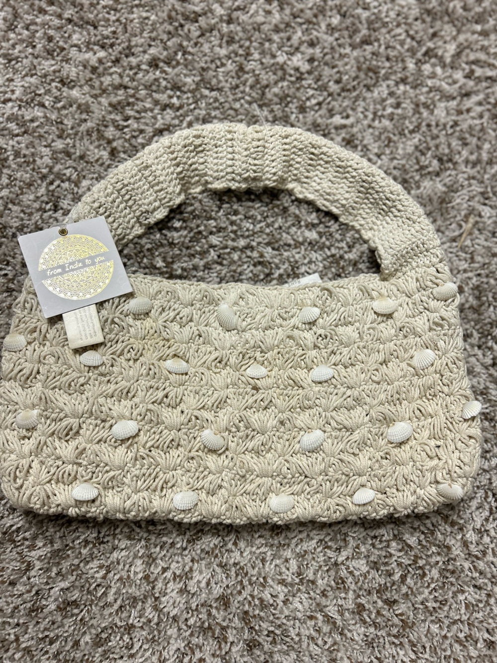 From India to You Cream Hand-Knit Shell-Accent Shrug Bag